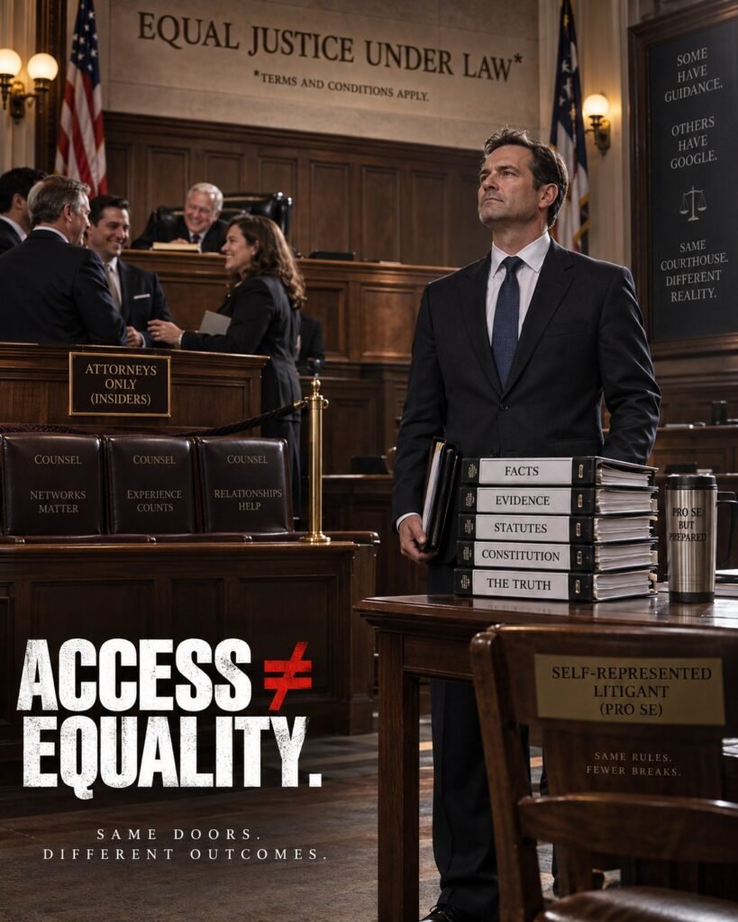 Prepared self-represented litigant with facts and evidence contrasted with an attorneys-only area and the message access is not equality.