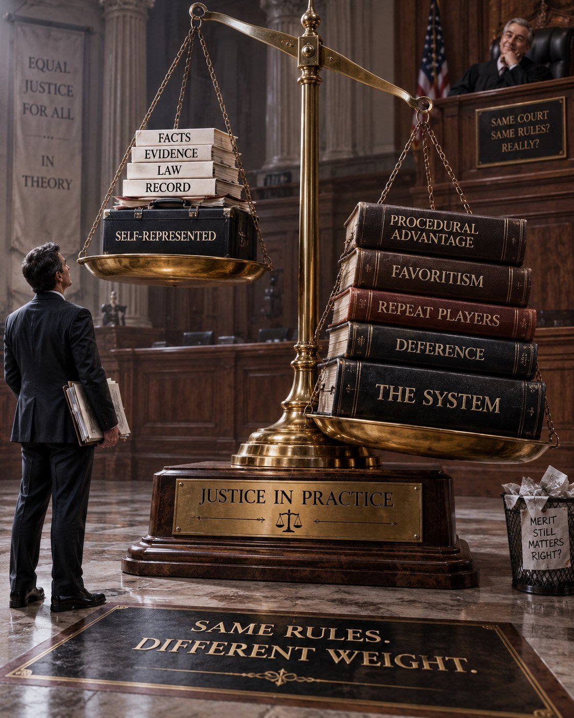 Editorial scales of justice contrasting a self-represented litigant's facts and evidence with procedural advantage, favoritism and repeat-player influence.