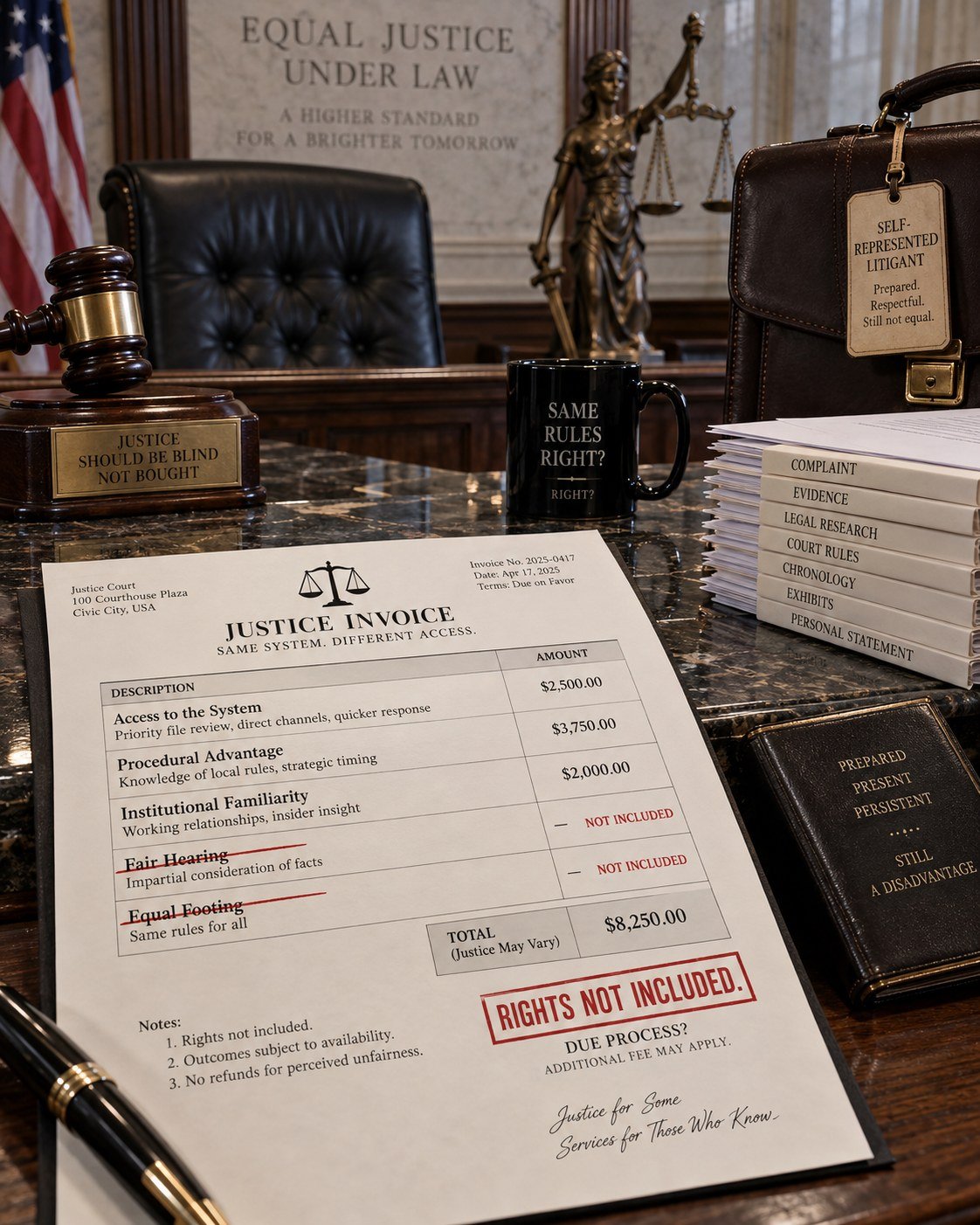 Satirical courthouse invoice illustrating the difference between formal rights and the practical costs and barriers of obtaining meaningful due process.