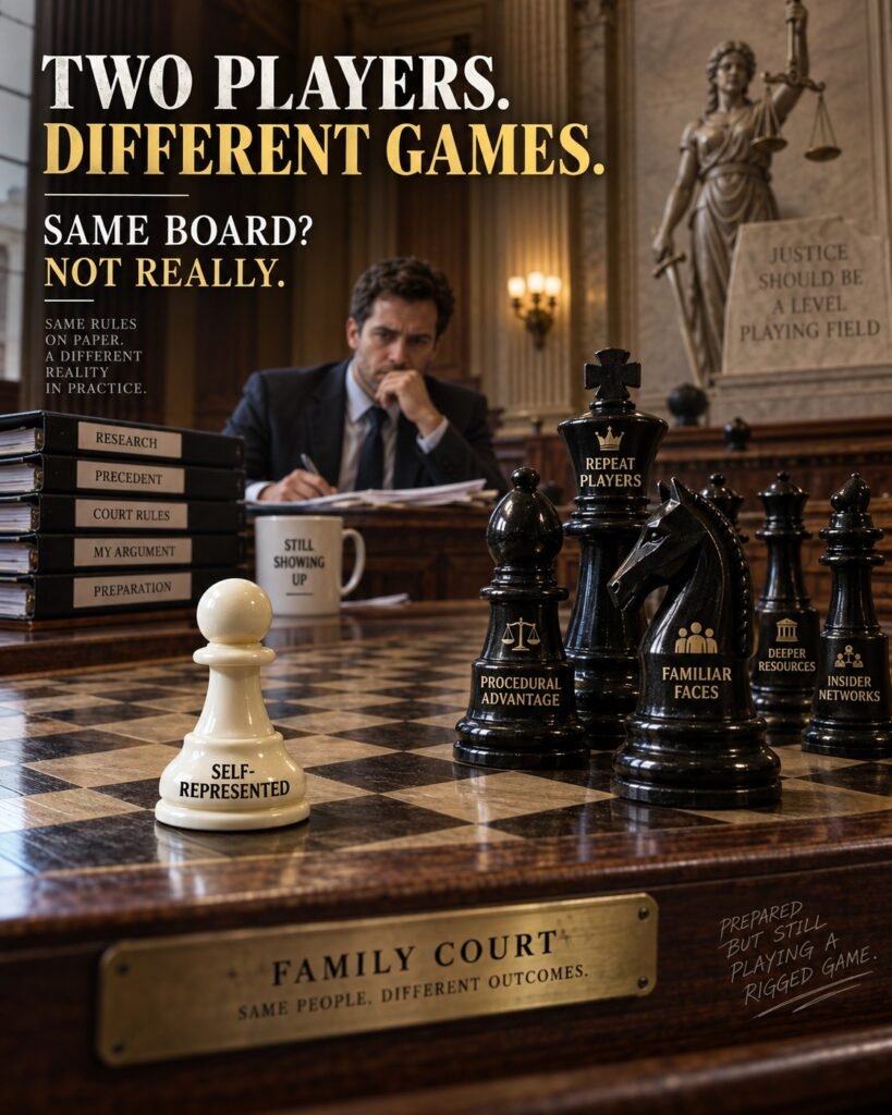 Courtroom chessboard satire showing a lone self-represented piece facing repeat players, procedural advantage and institutional networks.