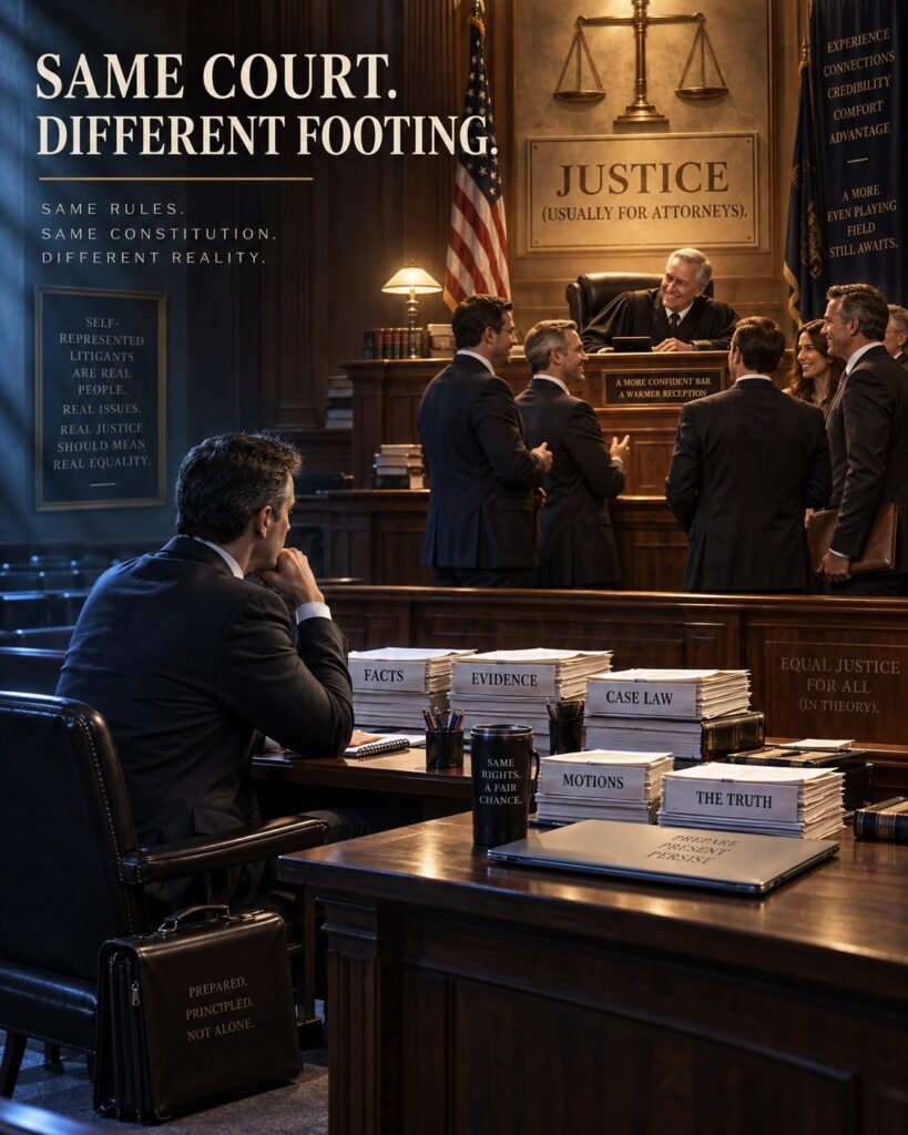 Prepared self-represented litigant in a suit contrasted with attorneys receiving warmer institutional treatment in the same courtroom.