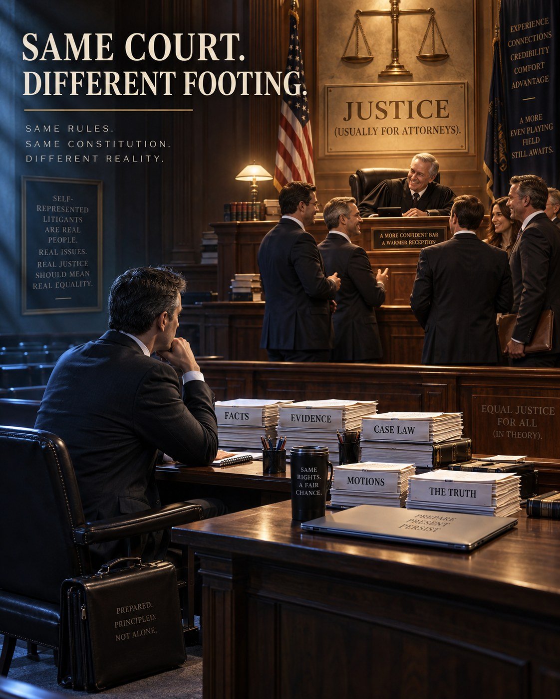 Prepared self-represented litigant in a suit contrasted with attorneys receiving warmer institutional treatment in the same courtroom.