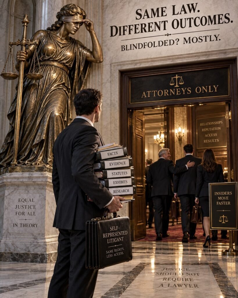 Lady Justice peeking from beneath the blindfold while a prepared self-represented litigant faces an attorneys-only pathway.