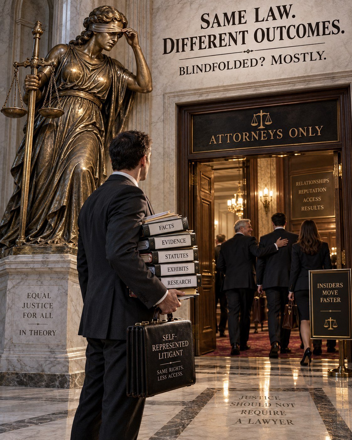 Lady Justice peeking from beneath the blindfold while a prepared self-represented litigant faces an attorneys-only pathway.
