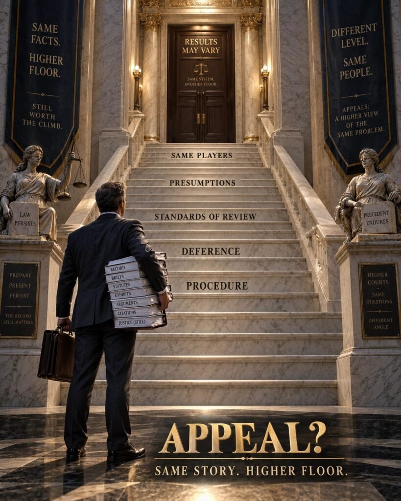 Self-represented litigant climbing an appellate staircase marked procedure, deference, standards of review and presumptions.