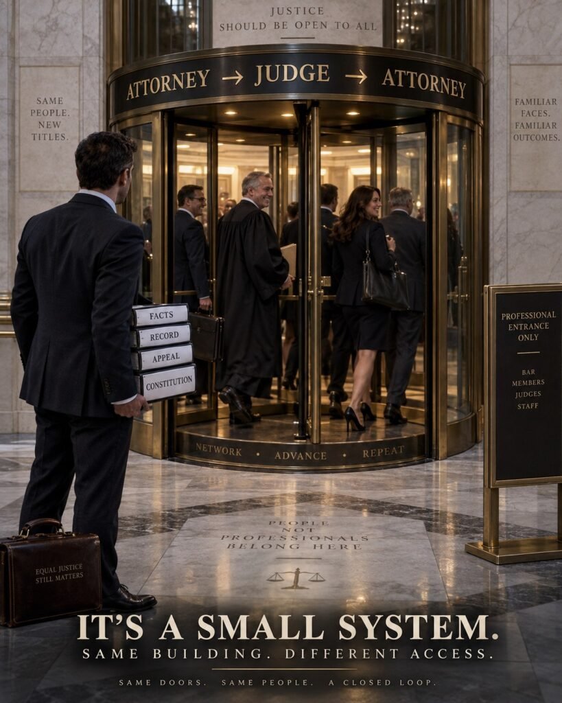 Editorial courthouse revolving door labeled attorney to judge to attorney, illustrating professional familiarity and a closed legal ecosystem.