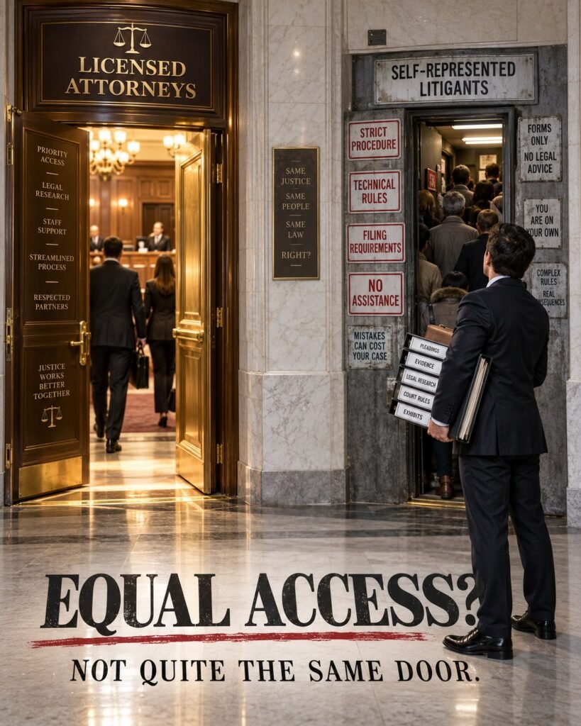 Two courthouse entrances symbolize streamlined access for licensed attorneys and procedural hurdles for self-represented litigants.